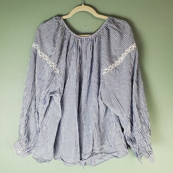 Old Navy Womens Blue Striped Crochet-Lace Trim Button-Front LS Blouse Size 2X - Picture 2 of 6